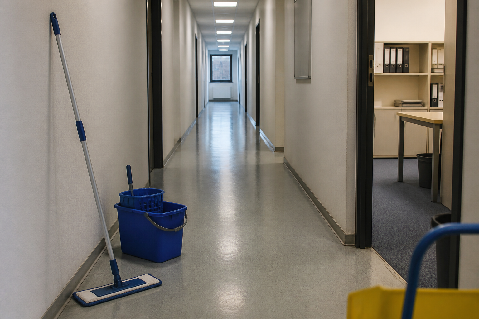 Reinigung in einem normalen Büroflur