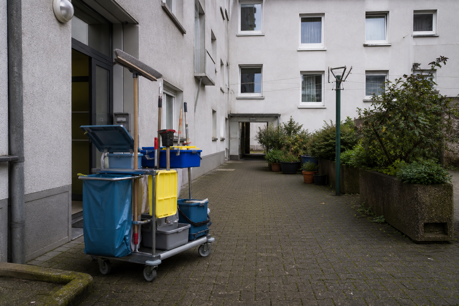 Hausmeisterbedarf im Innenhof eines Mehrfamilienhauses