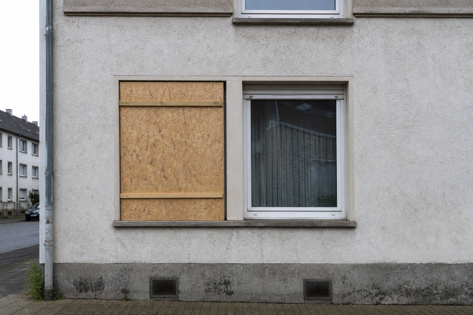 Provisorisch abgesichertes Fenster an einem Wohnhaus